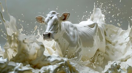 Artistic representation of a running cow with white liquid splashing