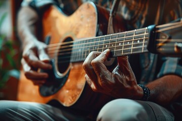 Fototapeta premium Man playing acoustic guitar for music education and lessons.