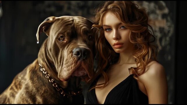 Elegant woman posing with a large dog, fashion art shoot