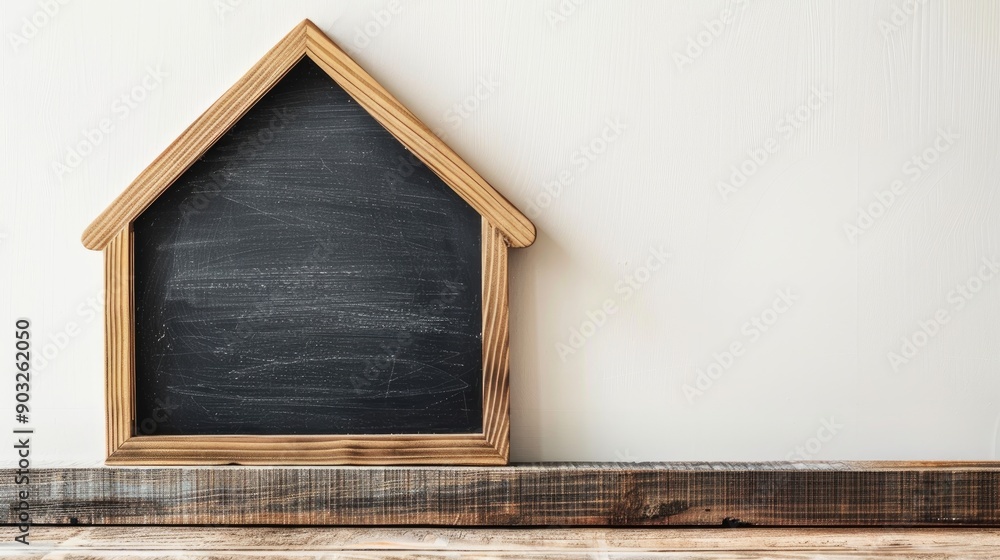 Poster blackboard in the shape of a house on white backdrop with space to write