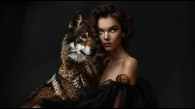 Stylish woman posing with a wolf, both staring intensely, fashion shoot