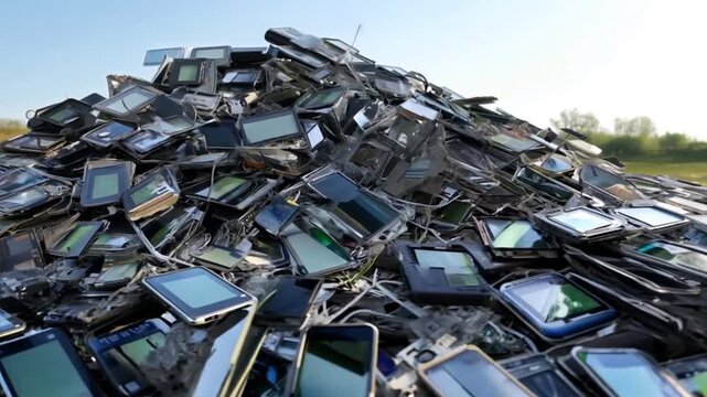 Large collection of obsolete smartphones piled high, emphasizing the accumulation of technology waste ,generative ai