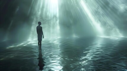 Fototapeta premium Silhouette standing in serene misty waterscape