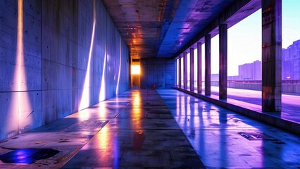 Concrete Corridor with Neon Lights.