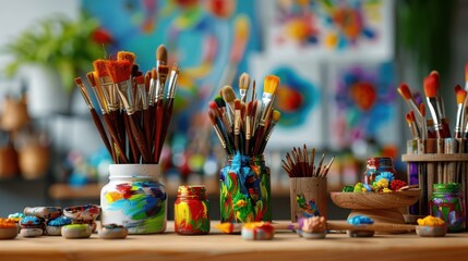 A table with many paint brushes and jars of paint