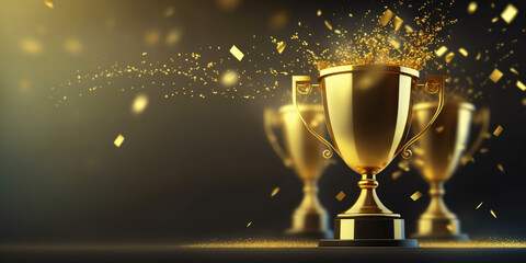 golden trophy award with falling confetti copy space for text background