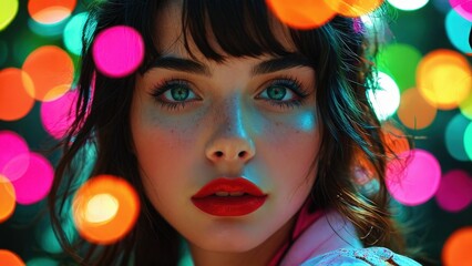 Fototapeta premium Woman's Face With Colorful Bokeh Lights.