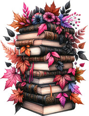 Stack of Books with Autumn Leaves
Illustration of a tall stack of vintage books adorned with vibrant autumn leaves and flowers, creating a festive fall scene.



