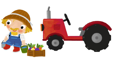 cartoon scene with farmer man standing doing some activity near tractor isolated background illustation for children