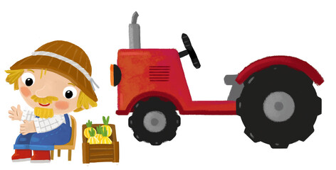 cartoon scene with farmer man standing doing some activity near tractor isolated background illustation for children