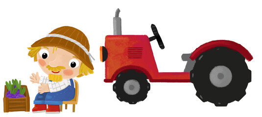cartoon scene with farmer man standing doing some activity near tractor isolated background illustation for children