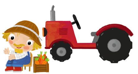cartoon scene with farmer man standing doing some activity near tractor isolated background illustation for children
