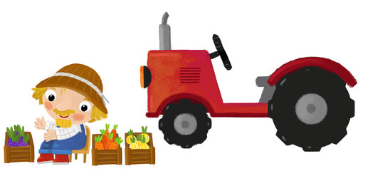 cartoon scene with farmer man standing doing some activity near tractor isolated background illustation for children