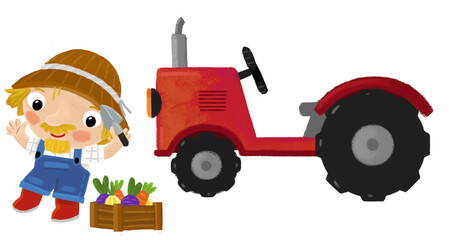 cartoon scene with farmer man standing doing some activity near tractor isolated background illustation for children
