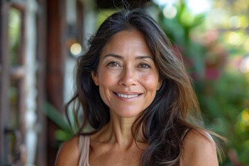 Fototapeta premium Happy Hispanic woman outdoors on sunny day.