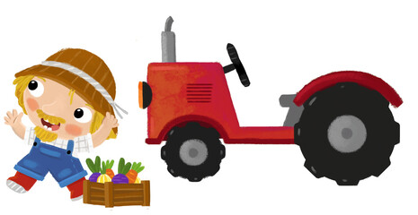 cartoon scene with farmer man standing doing some activity near tractor isolated background illustation for children