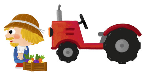 cartoon scene with farmer man standing doing some activity near tractor isolated background illustation for children