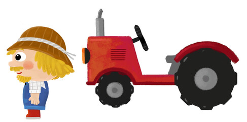 cartoon scene with farmer man standing doing some activity near tractor isolated background illustation for children