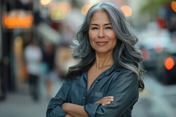 Fototapeta premium Cheerful Hispanic woman with long grey hair in city street