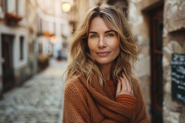 Stylish middle aged woman smiling on city street.