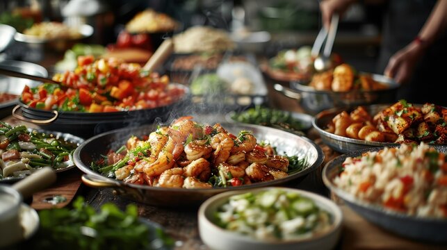 An enticing selection of seafood dishes including shrimp and various side items neatly arranged on a wooden table, creating a sumptuous and inviting dining experience.