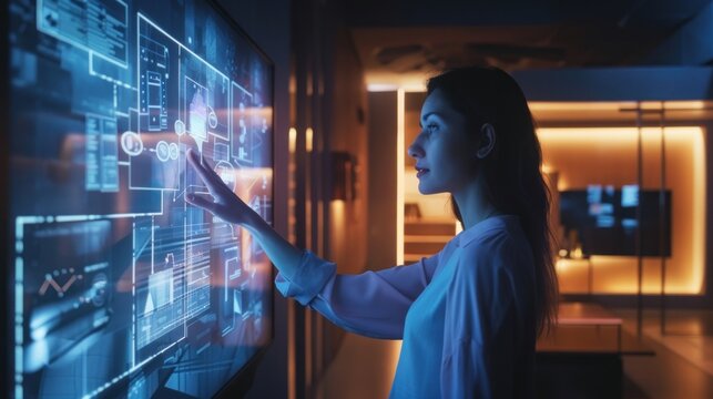 Woman interacting with a futuristic, interactive display.