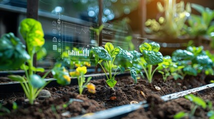 Closeup of a garden with green plants growing in rows, a digital screen with data and graphs overlays the scene, suggesting use of technology for smart farming.