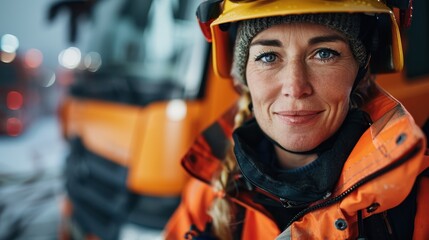 A female emergency worker, wearing her safety gear and helmet, stands outside by an emergency vehicle, smiling calmly, showcasing both strength and amiability.