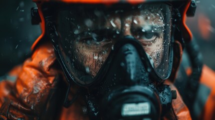 A close-up shot of a firefighter with focused eyes, wearing a mask and helmet, his gear soaked with rain, indicating a rescue mission under challenging weather conditions.