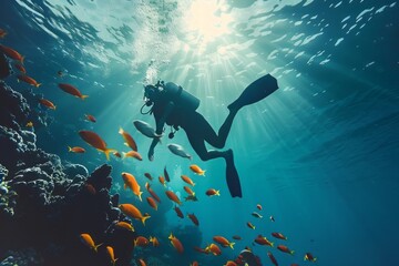 Fototapeta premium Diving with fish in the ocean