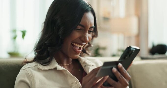 Woman, credit card and smartphone or excited in home, winner and banking app for ecommerce. Customer, online shopping and yes gesture with fintech, payment and fist pump for confirmed purchase