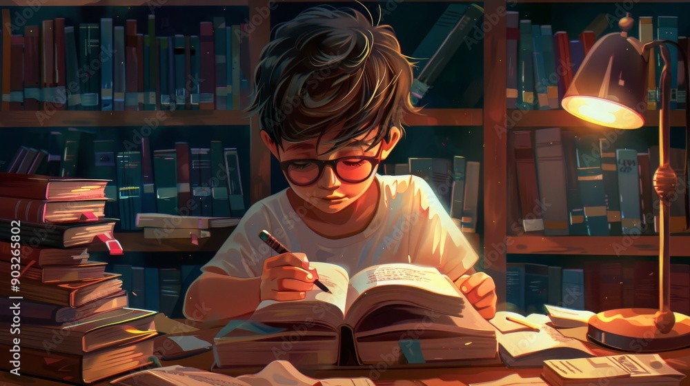 Poster a young boy with glasses writes diligently in a notebook while sitting at a desk cluttered with book