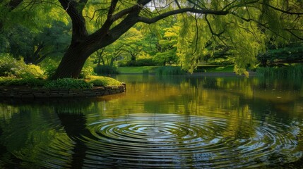Tranquil Forest Pond with Lush Green Trees and Reflections