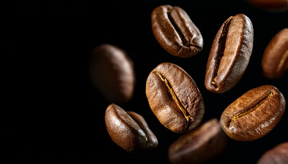 Obraz premium a falling coffee bean banner, roasted coffee bean on the air isolated on a black background, International Coffee Day concept