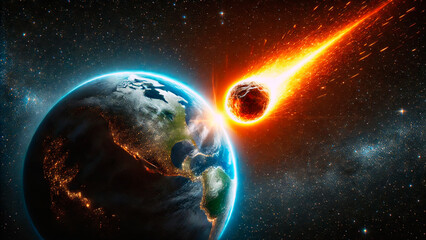Fiery meteor approaching Earth with glowing tail