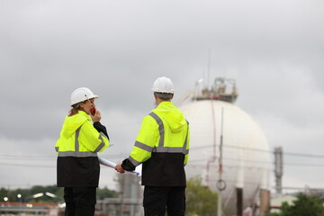 Fototapeta premium Male & Female engineers stand Discussing the building plan at the site, Engineers working outdoors and use walkie-talkies against the Round gas storage tank in the background