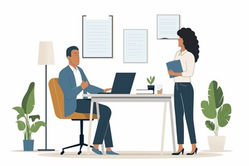 two business people in an office setting, one sitting at a desk and another standing next to it holding papers while having a conversation with a female staff member. a flat design illustration.