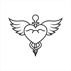 Heart with wings and caduceus line art vector