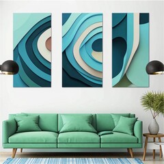 A set of three abstract geometric wall panels with blue and sea-green wavy shapes for decorating the walls of the living room, the interior of the room