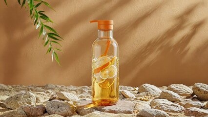 Citrus Infused Water Bottle on Rocks.