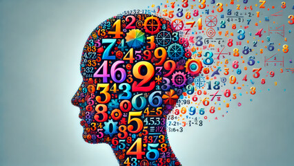 Head silhouette with dynamic math symbols