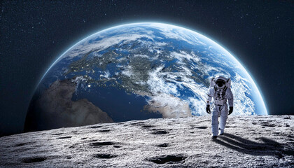 Silhouette of an astronaut walking on the lunar surface with the planet Earth behind him.