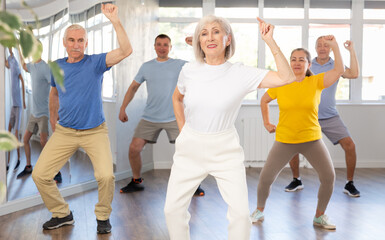 Group of aged people rehearsing sports dance in dance hall