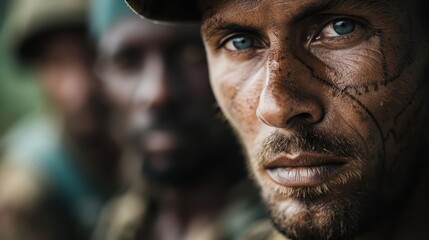 A man with intense blue eyes and tribal face paint gazes into the camera, his serious expression adding to the feeling of determination and readiness among his peers.