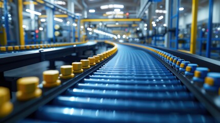 Electric Blue Conveyor Belt in City Factory for Mass Production with Symmetrical Blue and Yellow Rollers Powered by Electricity