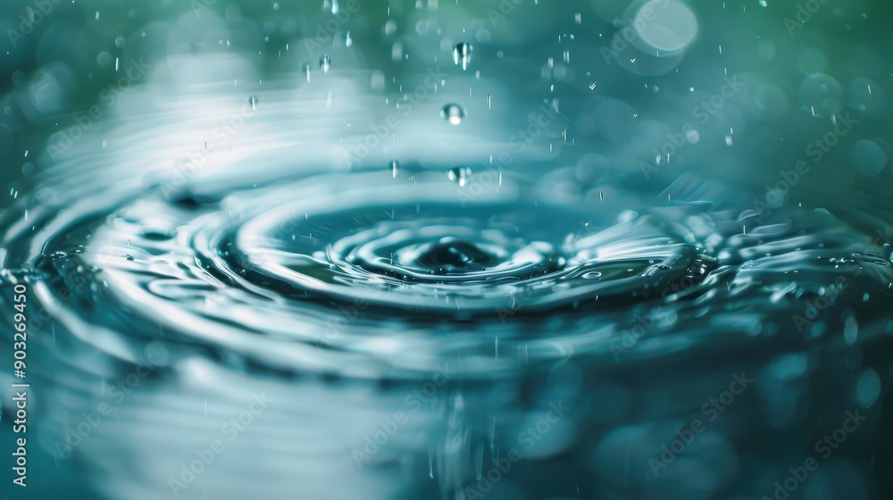 Poster a close-up shot of raindrops hitting the surface of the water creating concentric ripples, with a sm