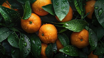 Close up image of mandarins with leaves and water droplets against dark backdrop