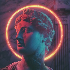 Obraz premium Ancient Statue Under Neon Glow