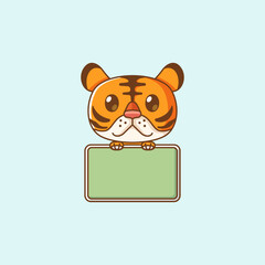 Cute tiger hold blank space board banner kawaii chibi character mascot illustration outline style