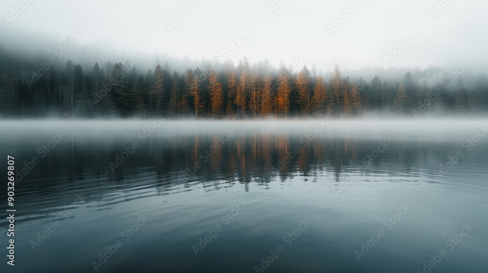 Poster an enchanting scene with a foggy forest set against the backdrop of a calm lake, partially covered w